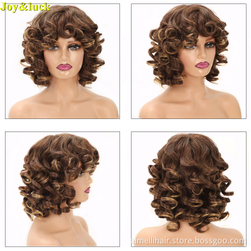 African Wholesale Hair Wigs for Black Women Daily Life Natural Short Bouncy Curly Ombre Brown Ladies Synthetic Full Hair Wigs